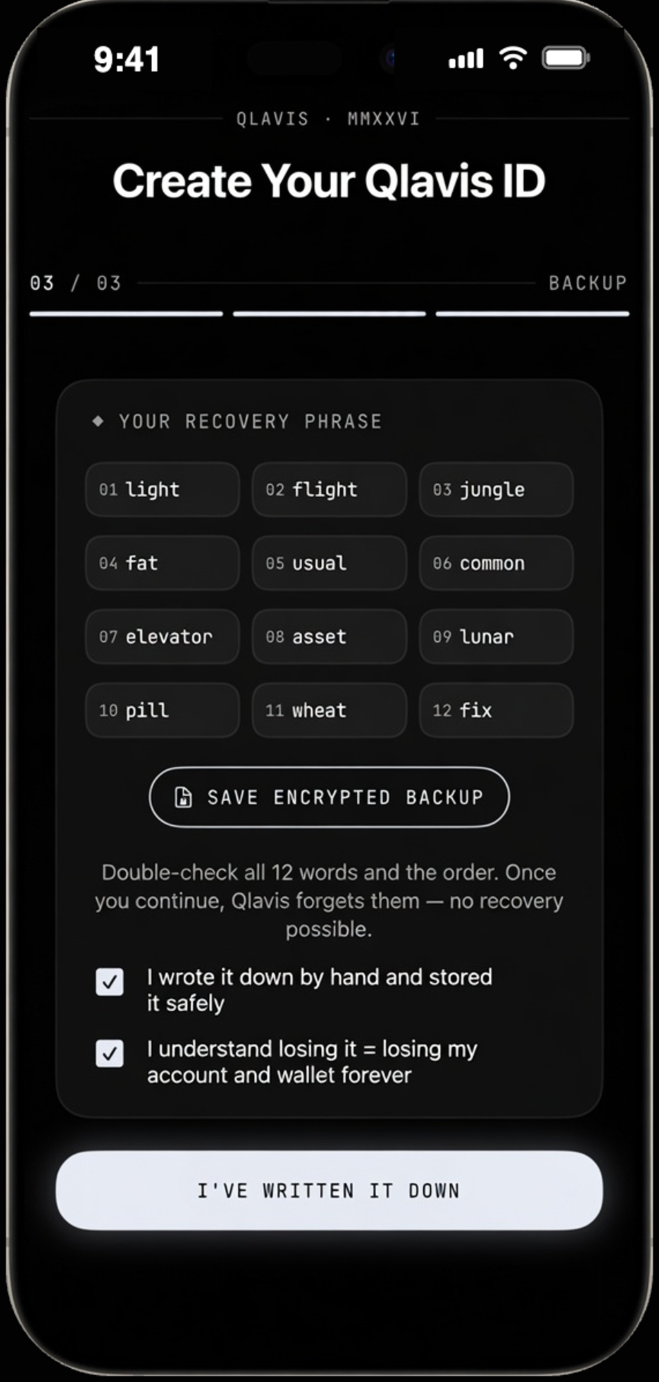 Qlavis recovery phrase — your Qlavis Identity is twelve words, bound to your device