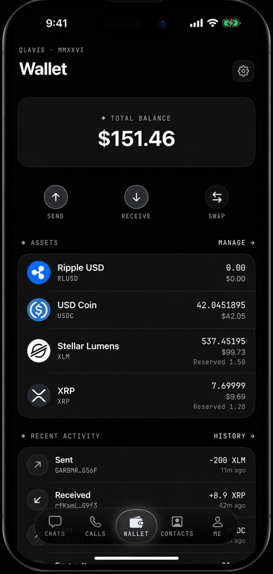 Qlavis self-custodial wallet — balances in USDC, XLM, RLUSD and XRP, from the same twelve words